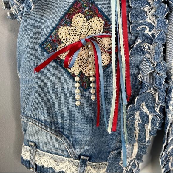 HANDMADE Vintage OOAK Upcycled Funky Unique Denim Vest Tassle Beaded Lace Fringe - Picture 3 of 11